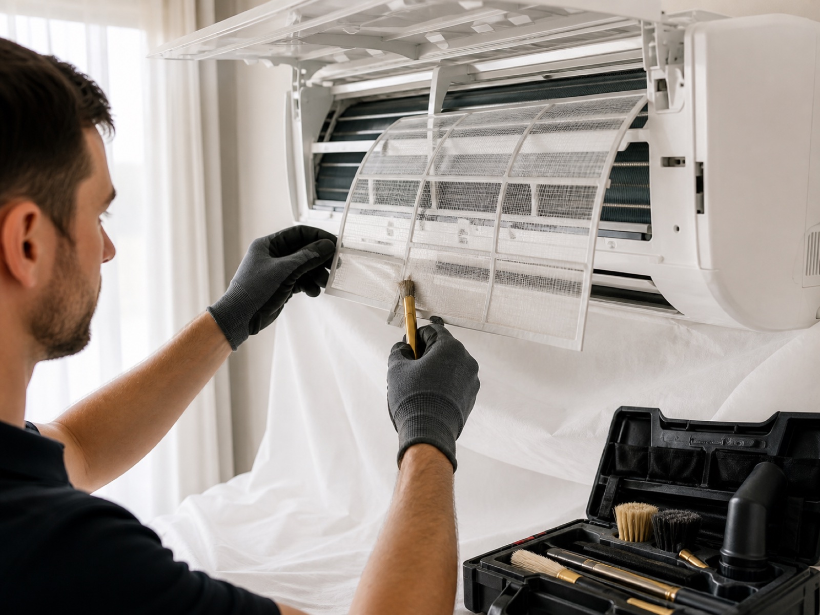Technik provádí hygienické čištění filtrů klimatizace